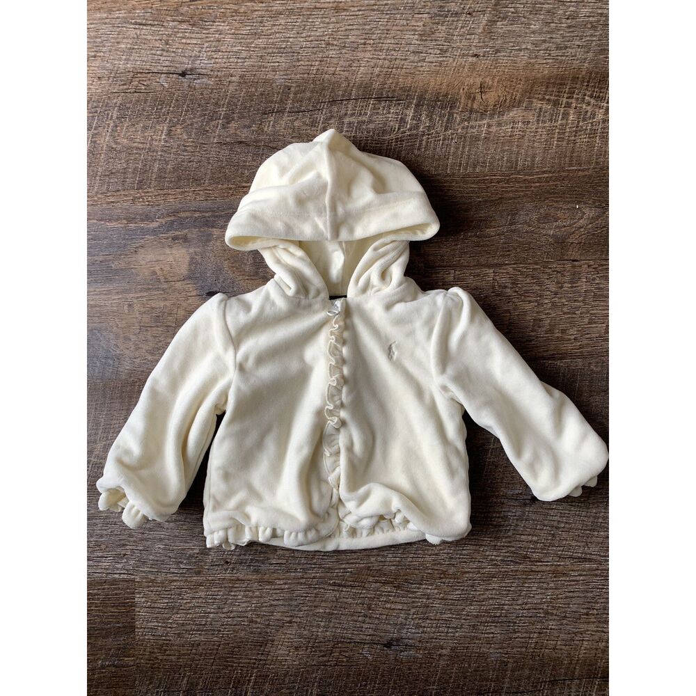 Ralph Lauren Baby Girl Sz 9M Long Sleeve Hooded Velour Sweatshirt Cream RARE